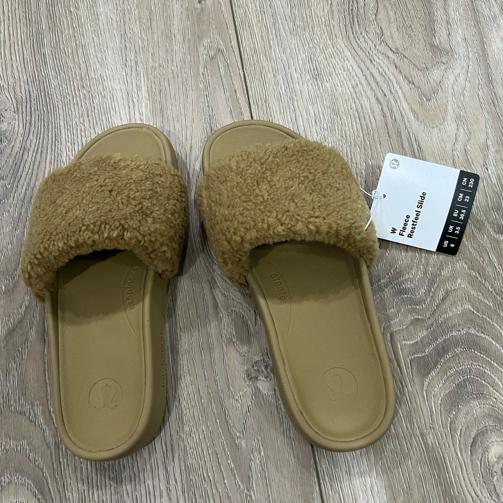 Lululemon Fuzzy Slide Sandals in Tan